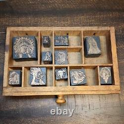 11 Antique Wood Block Cooper Letterpress Native American Indian Chief Shadowbox