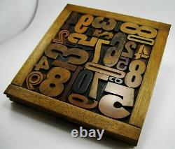 29 pieces vintage/antique letterpress wood type numbers in a frame withstand