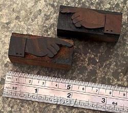 2x POINTING HAND letterpress wooden printing block wood printer type finger old