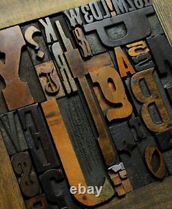 36 pcs. Vintage/antique letterpress in stained wood frame with square iron stand
