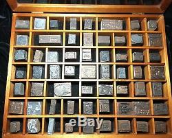 ADVERTISING Old LETTERPRESS Wood Metal Blocks Vintage Mixed Lot With Wood Case