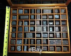 ADVERTISING Old LETTERPRESS Wood Metal Blocks Vintage Mixed Lot With Wood Case