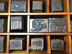 ADVERTISING Old LETTERPRESS Wood Metal Blocks Vintage Mixed Lot With Wood Case