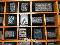 ADVERTISING Old LETTERPRESS Wood Metal Blocks Vintage Mixed Lot With Wood Case