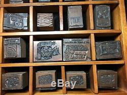 ADVERTISING Old LETTERPRESS Wood Metal Blocks Vintage Mixed Lot With Wood Case