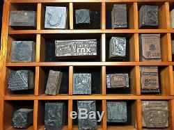 ADVERTISING Old LETTERPRESS Wood Metal Blocks Vintage Mixed Lot With Wood Case