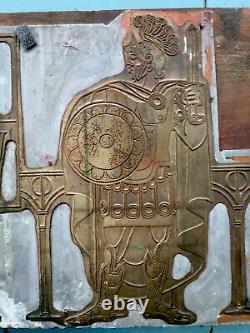 Antique Copper, Lead, Brass, On Wood Printers Block Carved Roman Soldier W. Numerals