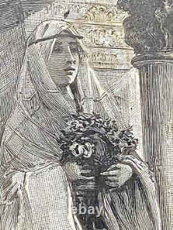 Antique Hand Engraved Wood Printing Block Robed Girl w Flowers l9th Cent FRENCH