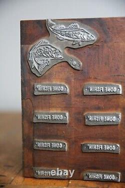 Antique letterpress wood printing block Sign Gone Fishing Bass Trout Typeset