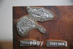 Antique letterpress wood printing block Sign Gone Fishing Bass Trout Typeset