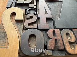 Large Antique Letterpress Printer WOOD TYPE Mix 66 Piece Full Alphabet & numbers