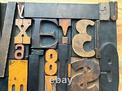 Large Antique Letterpress Printer WOOD TYPE Mix 66 Piece Full Alphabet & numbers