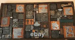 Large Lot Antique Wood Printer Blocks + Vintage Hamilton Tray Advertising Old