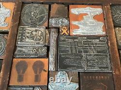 Large Lot Antique Wood Printer Blocks + Vintage Hamilton Tray Advertising Old