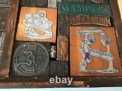 Large Lot Antique Wood Printer Blocks + Vintage Hamilton Tray Advertising Old