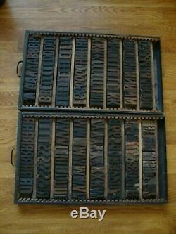 Lot 2 Trays Antique Wood Letterpress Print Printer's Block Alphabet & Numbers 2