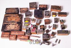 Lot 47 Vintage Letterpress Printers Blocks Tractor Train Steampunk Coffee Shells