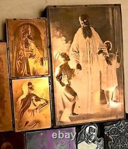 Lot Religious Figures & Other Lithography Printing Block Vintage Metal & Wood