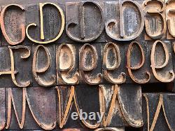 Rare Antique 126 piece Letterpress Printing WOOD TYPE Cursive Script Alphabet