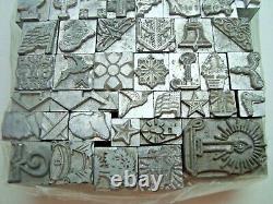 Super rare vintage lot of 50 metal letterpress printing blocks symbols & designs