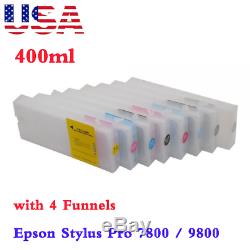USA 8pcs Epson Stylus Pro 7800 / 9800 Refill Ink Cartridges 400ML with Funnels