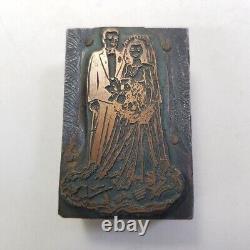 Vintage Printers Block Wedding Bride Groom Wood 1940s Style 1.9 x 1.2