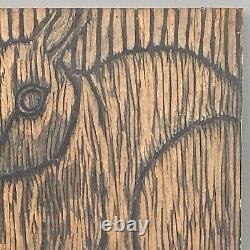 Vtg 1944 Folk Art Rabbit Hare primitive Carved Wood Printing Block Stamp Textile