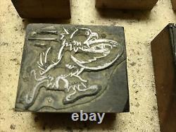 22 Blocs de typographie vintage Lot de coupes en zinc et bois des années 1960 École de l'aigle