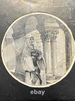 Bloc d'impression en bois antique gravé à la main, jeune fille en robe avec des fleurs, XIXe siècle.