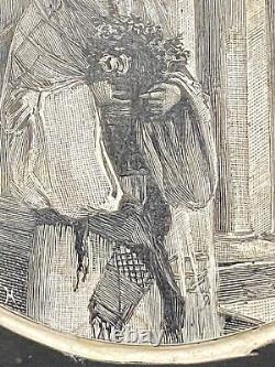 Bloc d'impression en bois antique gravé à la main, jeune fille en robe avec des fleurs, XIXe siècle.