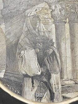 Bloc d'impression en bois antique gravé à la main, jeune fille en robe avec des fleurs, XIXe siècle.
