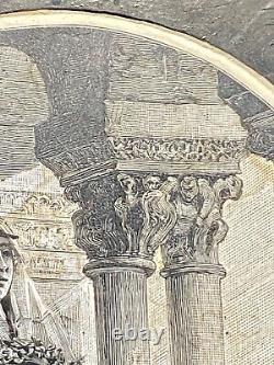 Bloc d'impression en bois antique gravé à la main, jeune fille en robe avec des fleurs, XIXe siècle.