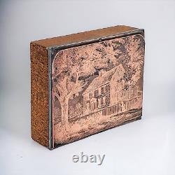 Bloc d'impression rare en bois avec face en cuivre Boston House Vintage