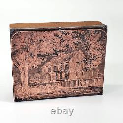 Bloc d'impression rare en bois avec face en cuivre Boston House Vintage
