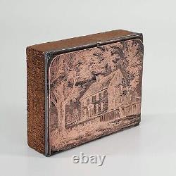 Bloc d'impression rare en bois avec face en cuivre Boston House Vintage