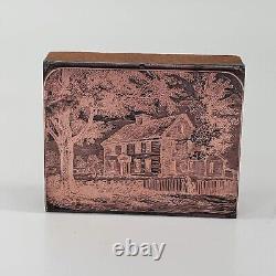 Bloc d'impression rare en bois avec face en cuivre Boston House Vintage