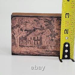 Bloc d'impression rare en bois avec face en cuivre Boston House Vintage