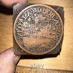 Impression de bloc Boston Burial Case Co. 1900 Visage en cuivre RARE