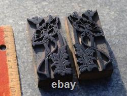 Ornements en blocs d'impression en bois à la presse à lettres pavot Art Nouveau cadre en bois ancien
