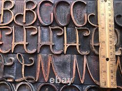 Rare Antique 126 Pièces Impression À Presse-lettres Type Wood Cursive Script Alphabet