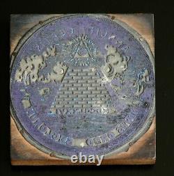 Timbre en bloc d'impression du sceau des États-Unis Novus Ordo Seclorum Vtg Plaque d'encre en bois et en métal